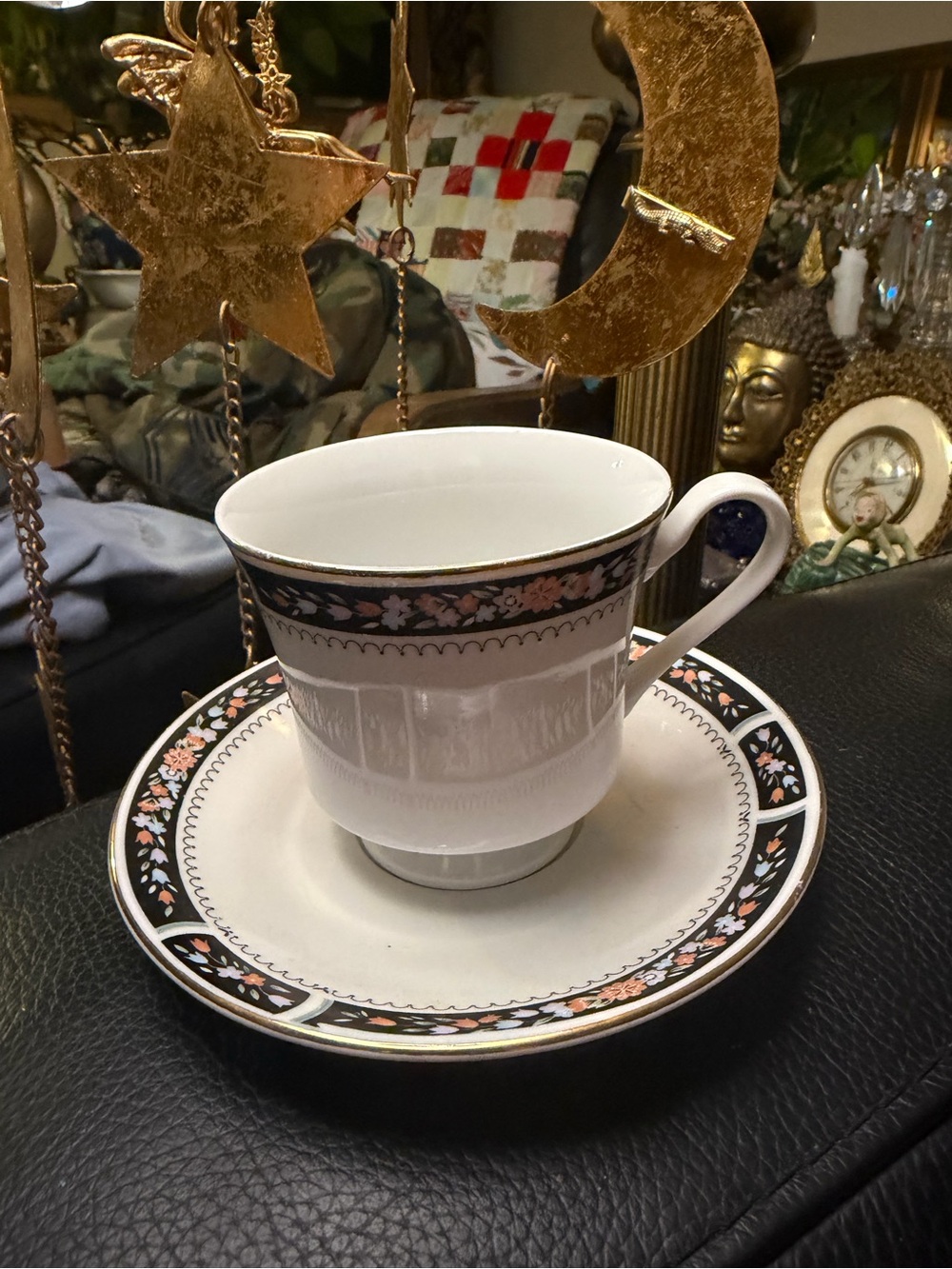 Vintage Silverie Fine Bone China Tea Cup & Saucer Black & Floral Band